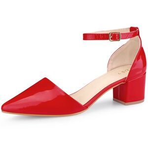 Closed Pointed Toe Ankle Strap Low Chunky Heels Pumps Red